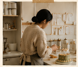 The baker decorating a cake in her studio